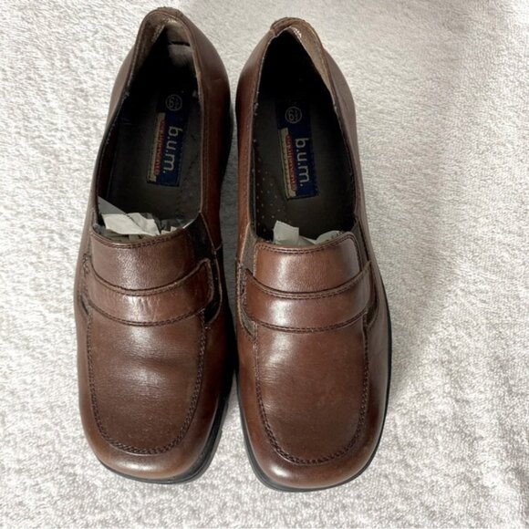 Vintage B.U.M. Equipment Brown Leather Rounded Square Toe Chunky Heel Loafer 6.5 - Picture 2 of 12